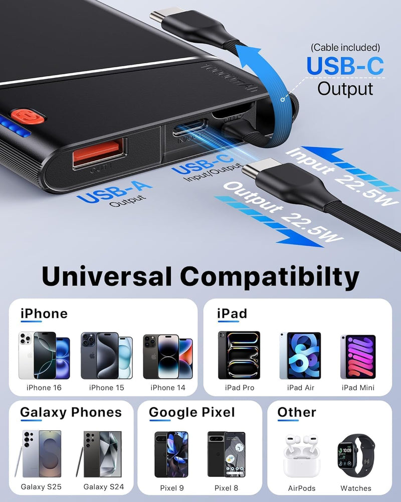 Portable Charger Power Bank, 10000mAh 22.5W PD Super Fast Charging Powerbank with Built-in USB C in&Out Cable, Slim External Phone Battery Pack for iPhone 16/15/14 iPad Samsung S24 Android etc