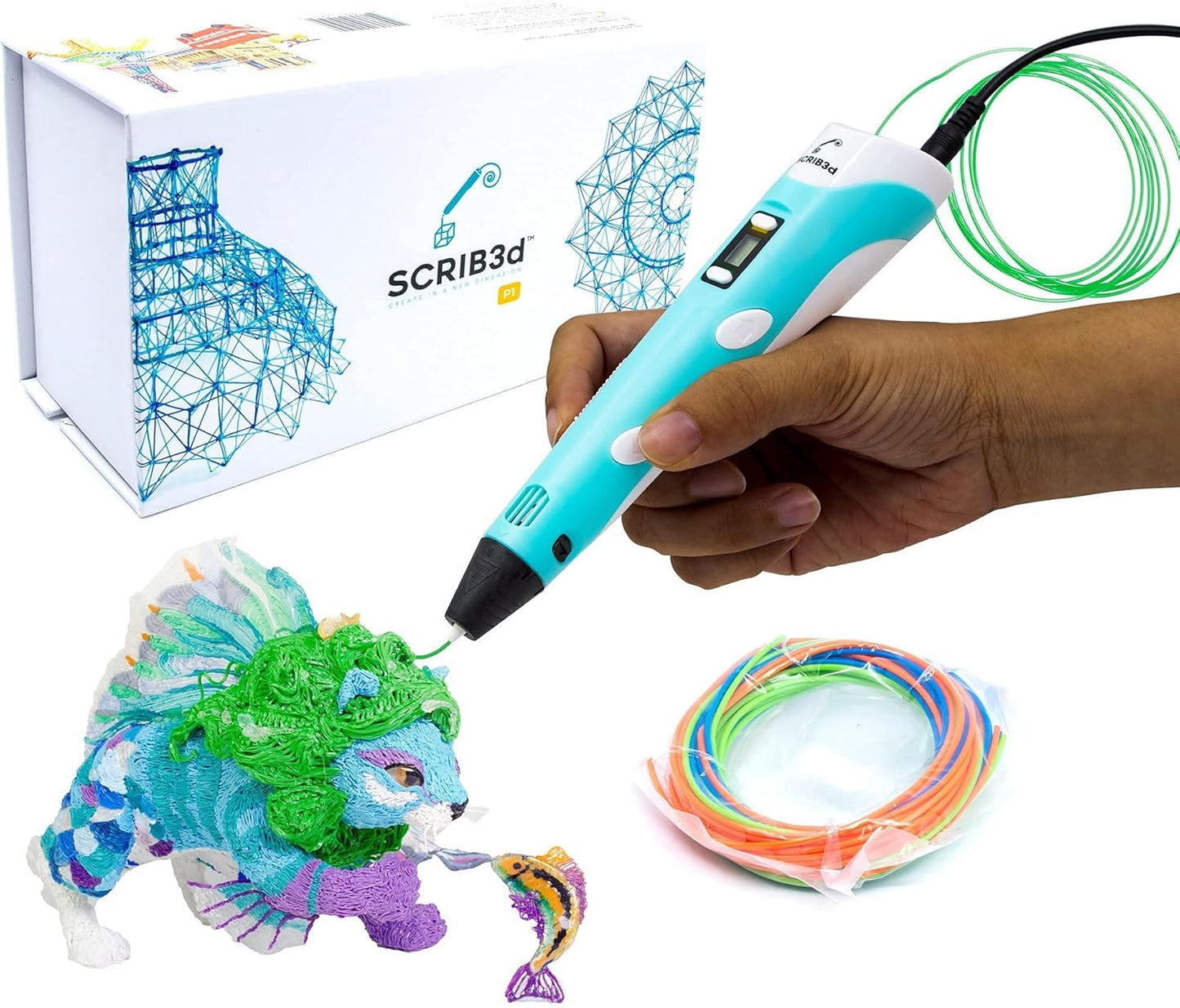 SCRIB3D P1 3D Printing Pen with Display - Includes 3D Pen, 3 Starter Colors of PLA Filament, Stencil Book + Project Guide, and Power Adapter - PuriLite
