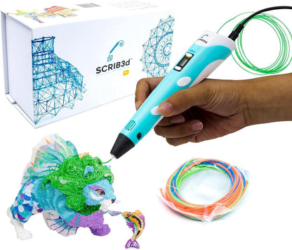 SCRIB3D P1 3D Printing Pen with Display - Includes 3D Pen, 3 Starter Colors of PLA Filament, Stencil Book + Project Guide, and Power Adapter - PuriLite