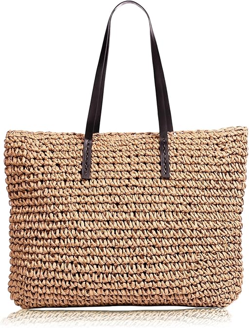 COOKOOKY Straw Beach Bag Summer Handmade Woven Shoulder Tote Bags Purse for Women, Bohemia Khaki Bag