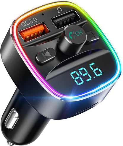 Nulaxy Bluetooth FM Transmitter for Car, Upgraded QC3.0 & 5V 1A Dual USB Charger Bluetooth Car Adapter Wireless Radio, 7-Color LED Backlit Light, Hands-Free Calling, Support USB Drive TF Card - NX10