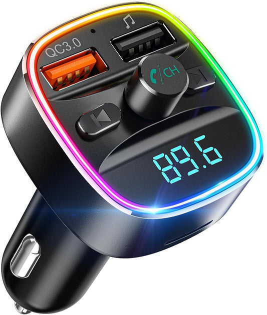Nulaxy Bluetooth FM Transmitter for Car, Upgraded QC3.0 & 5V 1A Dual USB Charger Bluetooth Car Adapter Wireless Radio, 7-Color LED Backlit Light, Hands-Free Calling, Support USB Drive TF Card - NX10