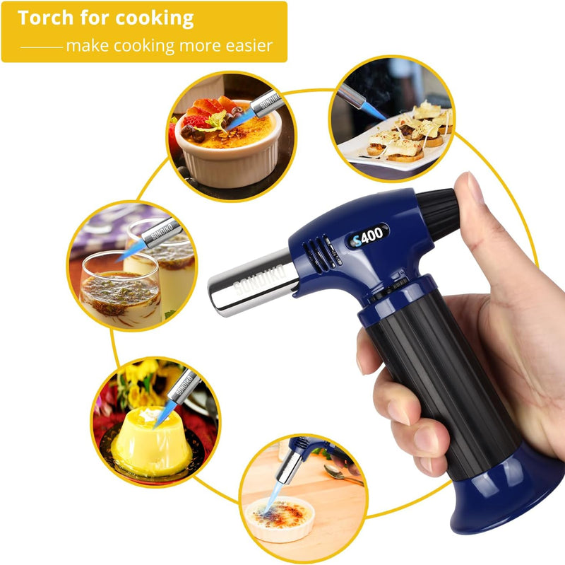 Sondiko Butane Torch Lighter S400, Refillable Kitchen Torch, Fit All Butane Tanks Blow Torch with Safety Lock and Adjustable Flame for Desserts, Creme Brulee, and Baking(Blue & Black)