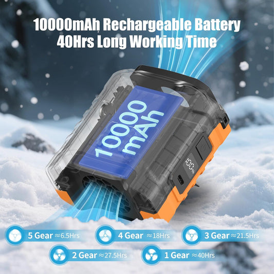 10000mAh Portable Waist Fan, Personal Fan with 5 Speeds, Clip on Wearable Belt Fan Rechargeable Battery Operated, Neck Fan Hanging, 40H Shirt Fan Cooling for Outdoor Travel Camping (Orange) - PuriLite