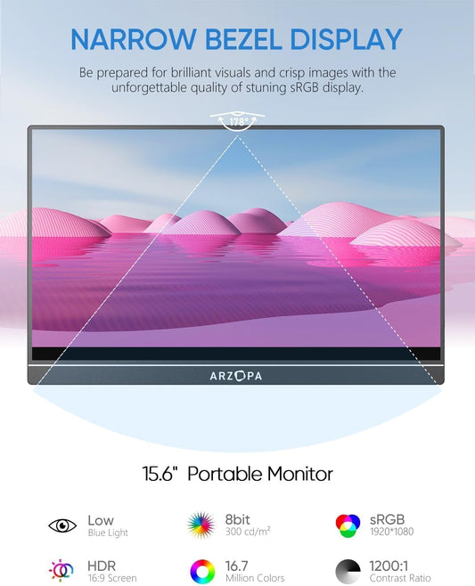 Portable Monitor 15.6'' FHD 1080P Kickstand Portable Laptop Monitor IPS Computer External Screen USB C HDMI Display for PC MAC Phone Xbox PS5 - A1 - PuriLite
