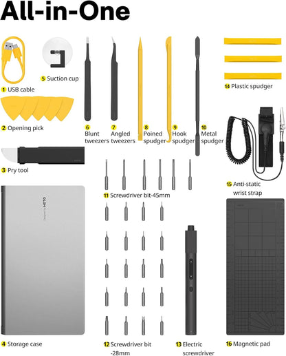 HOTO Electric Precision Screwdriver Kit, 46-in-1 Rechargeable Screwdriver Kit, Cordless Mini Power Screwdriver Kit with S2-Steel Bits, 2-Gears Torque, LED Light, Ideal for Phone/Glasses/Watch/Laptop