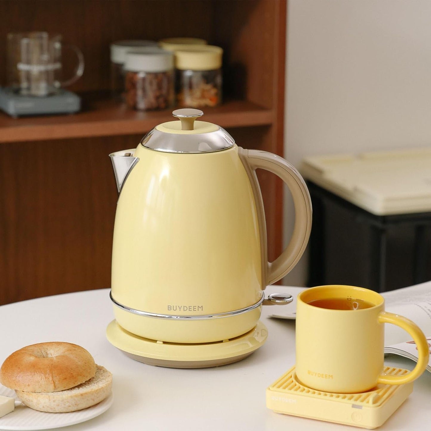 BUYDEEM K640 Stainless Steel Electric Tea Kettle with Auto Shut-Off and Boil Dry Protection, 1.7 Liter Cordless Hot Water Boiler with Swivel Base, 1440W (Mellow Yellow)