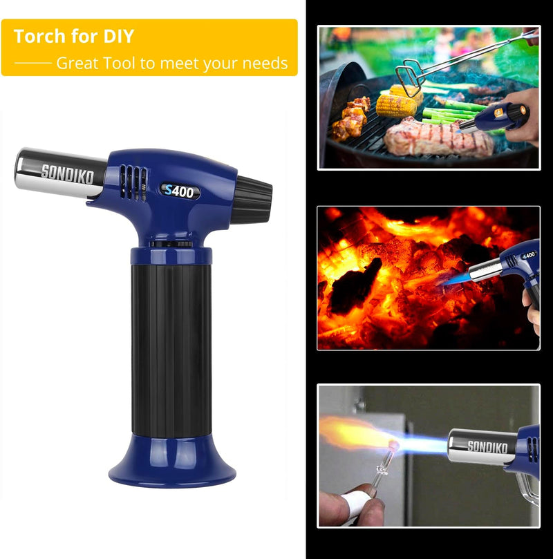 Sondiko Butane Torch Lighter S400, Refillable Kitchen Torch, Fit All Butane Tanks Blow Torch with Safety Lock and Adjustable Flame for Desserts, Creme Brulee, and Baking(Blue & Black)