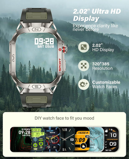 SOUYIE Smart Watch for Men with LED Flashlight, 2.02" HD Display Rugged Outdoor Sport Smartwatch with Compass/Altimeter/Barometer, Waterproof Fitness Tracker, Heart Rate Sleep Monitor for iOS Android