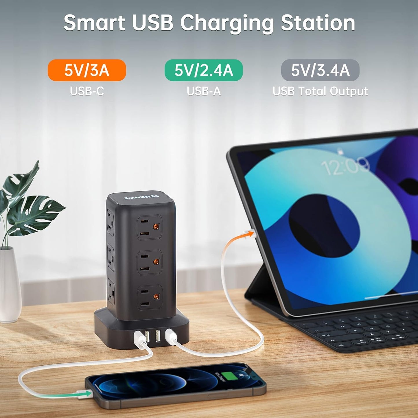 Tower Power Bars with Surge Protector（USB-C）, Surge Protector Power Bar with 12 Widely Outlets and 4 USB Ports, 6.5FT Extension Cord Indoor, Desk Charging Station for Dorm Home Office Accessories - PuriLite