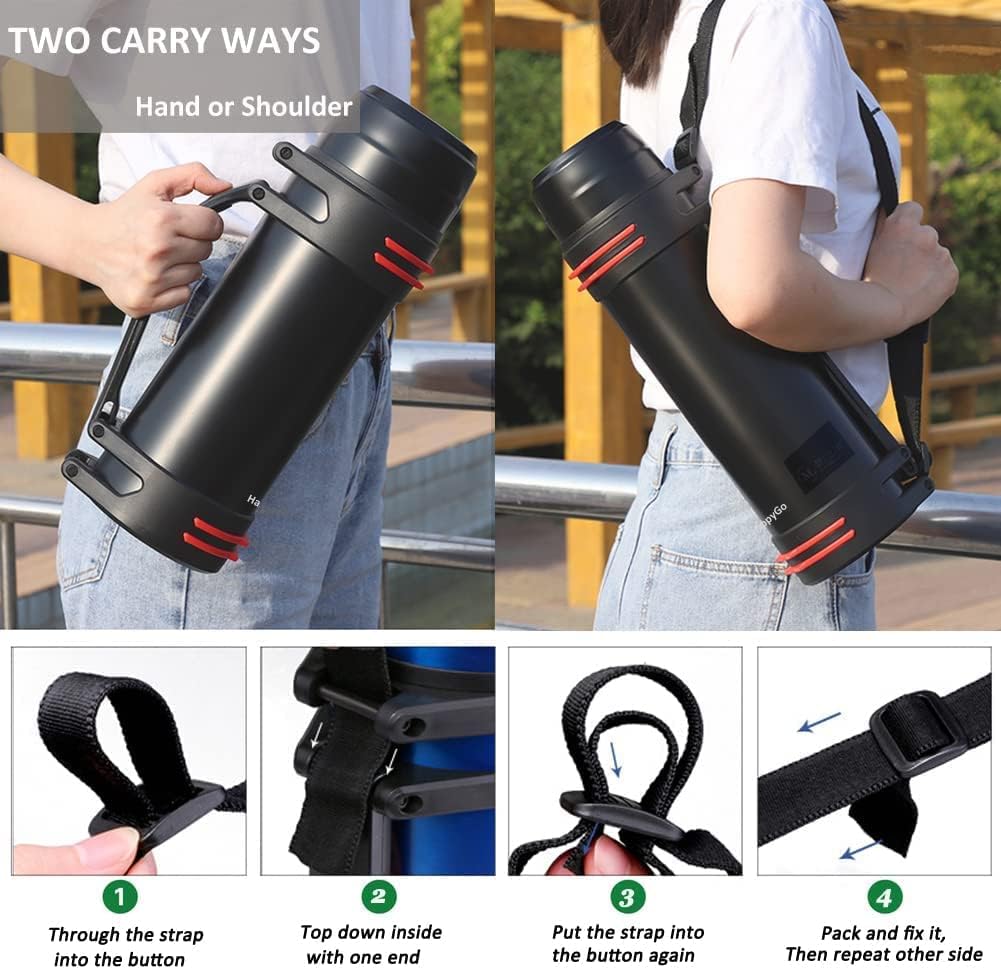 HappyGo 40oz Large Coffee Vacuum Bottle Stainless Steel Insulated Bottle with Shoulder Strap & Cups Wide Mouth Travel Mug for Hot or Cold Beverages (Black)