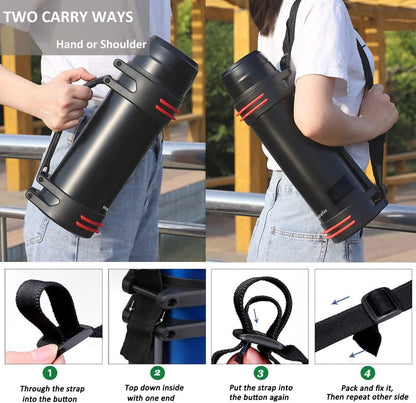 HappyGo 40oz Large Coffee Vacuum Bottle Stainless Steel Insulated Bottle with Shoulder Strap & Cups Wide Mouth Travel Mug for Hot or Cold Beverages (Black)