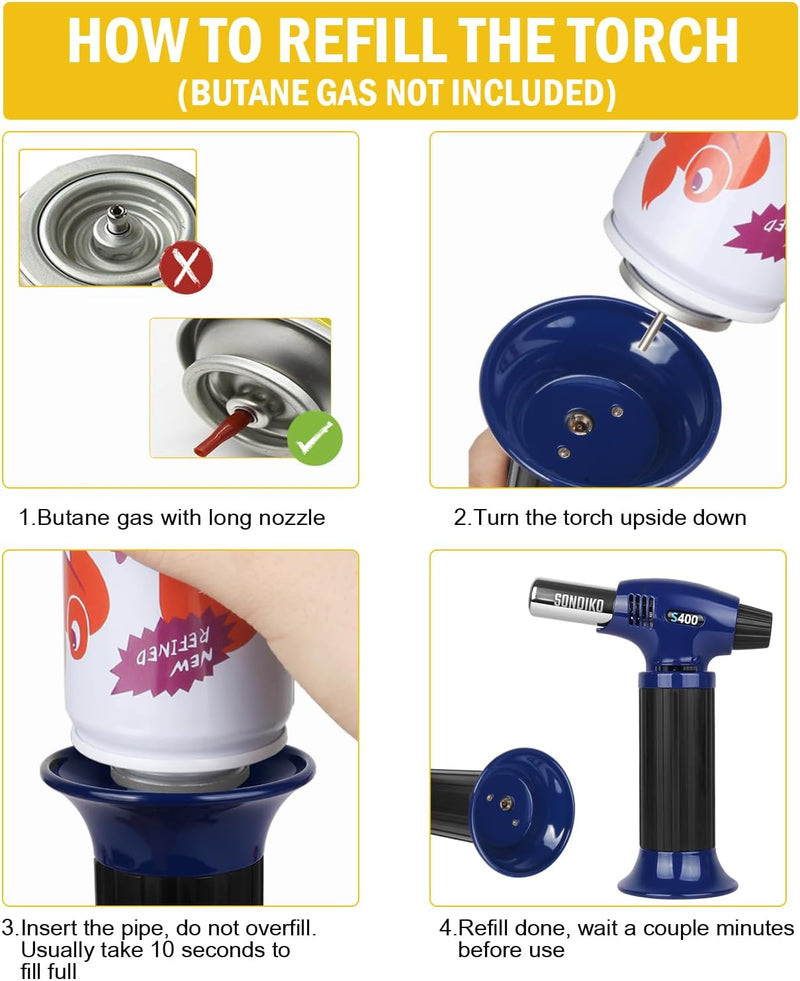 Sondiko Butane Torch Lighter S400, Refillable Kitchen Torch, Fit All Butane Tanks Blow Torch with Safety Lock and Adjustable Flame for Desserts, Creme Brulee, and Baking(Blue & Black)