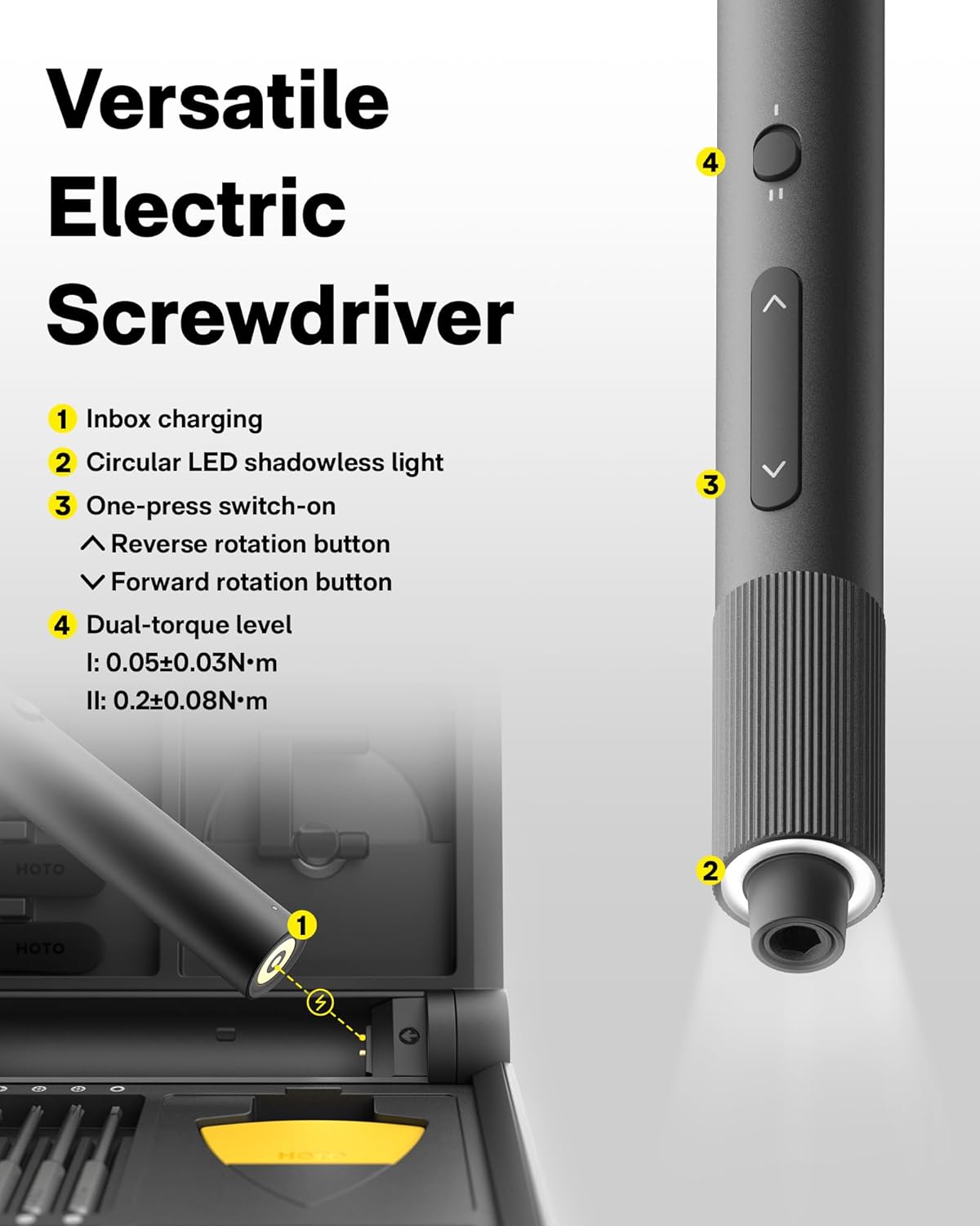 HOTO Electric Precision Screwdriver Kit, 46-in-1 Rechargeable Screwdriver Kit, Cordless Mini Power Screwdriver Kit with S2-Steel Bits, 2-Gears Torque, LED Light, Ideal for Phone/Glasses/Watch/Laptop