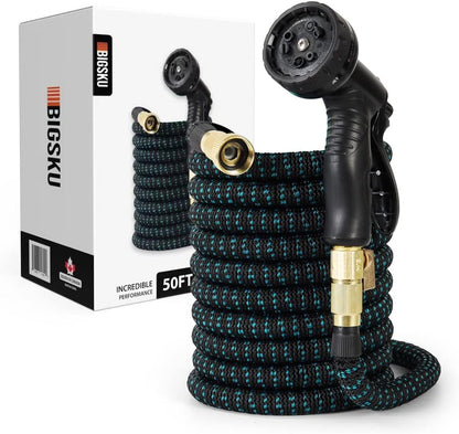 50FT Expandable lightweight Garden Hose - Flexible multifunction Outdoor Water Hose for Watering, Gardening, Cleaning, Washing - Plastic Nozzle, 8 Spray Modes - Double Latex Core with Rubber Seal, Strongest leakproof 3/4 durable Brass Connectors