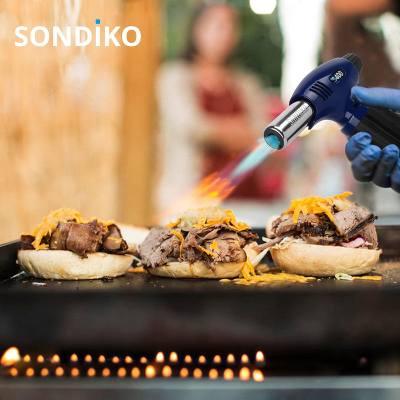 Sondiko Butane Torch Lighter S400, Refillable Kitchen Torch, Fit All Butane Tanks Blow Torch with Safety Lock and Adjustable Flame for Desserts, Creme Brulee, and Baking(Blue & Black)