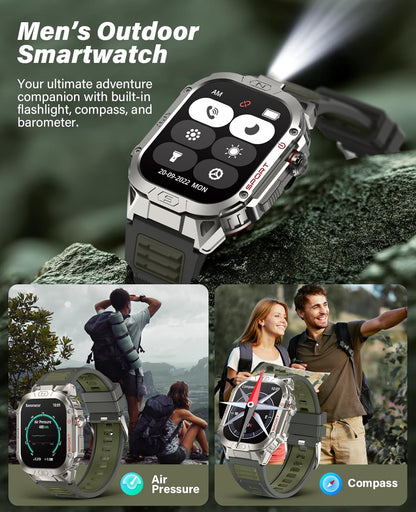 SOUYIE Smart Watch for Men with LED Flashlight, 2.02" HD Display Rugged Outdoor Sport Smartwatch with Compass/Altimeter/Barometer, Waterproof Fitness Tracker, Heart Rate Sleep Monitor for iOS Android