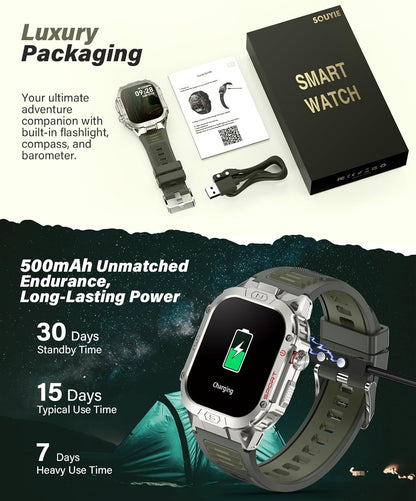 SOUYIE Smart Watch for Men with LED Flashlight, 2.02" HD Display Rugged Outdoor Sport Smartwatch with Compass/Altimeter/Barometer, Waterproof Fitness Tracker, Heart Rate Sleep Monitor for iOS Android