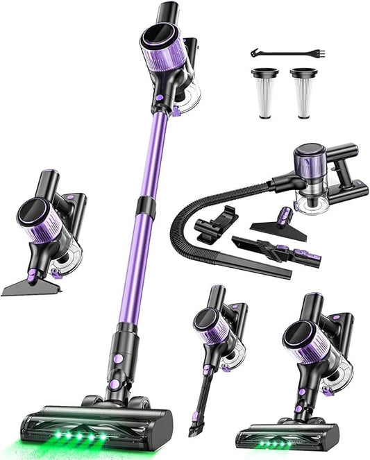 Cordless Vacuum Cleaner, 10-in-1 Vacuum Cleaners for Home, 28.75 in Hose, Rechargeable Battery Stick Vacuums, Green LED Light, Anti-Tangle,Wireless Vacuum for Carpet Tile Pet Hair