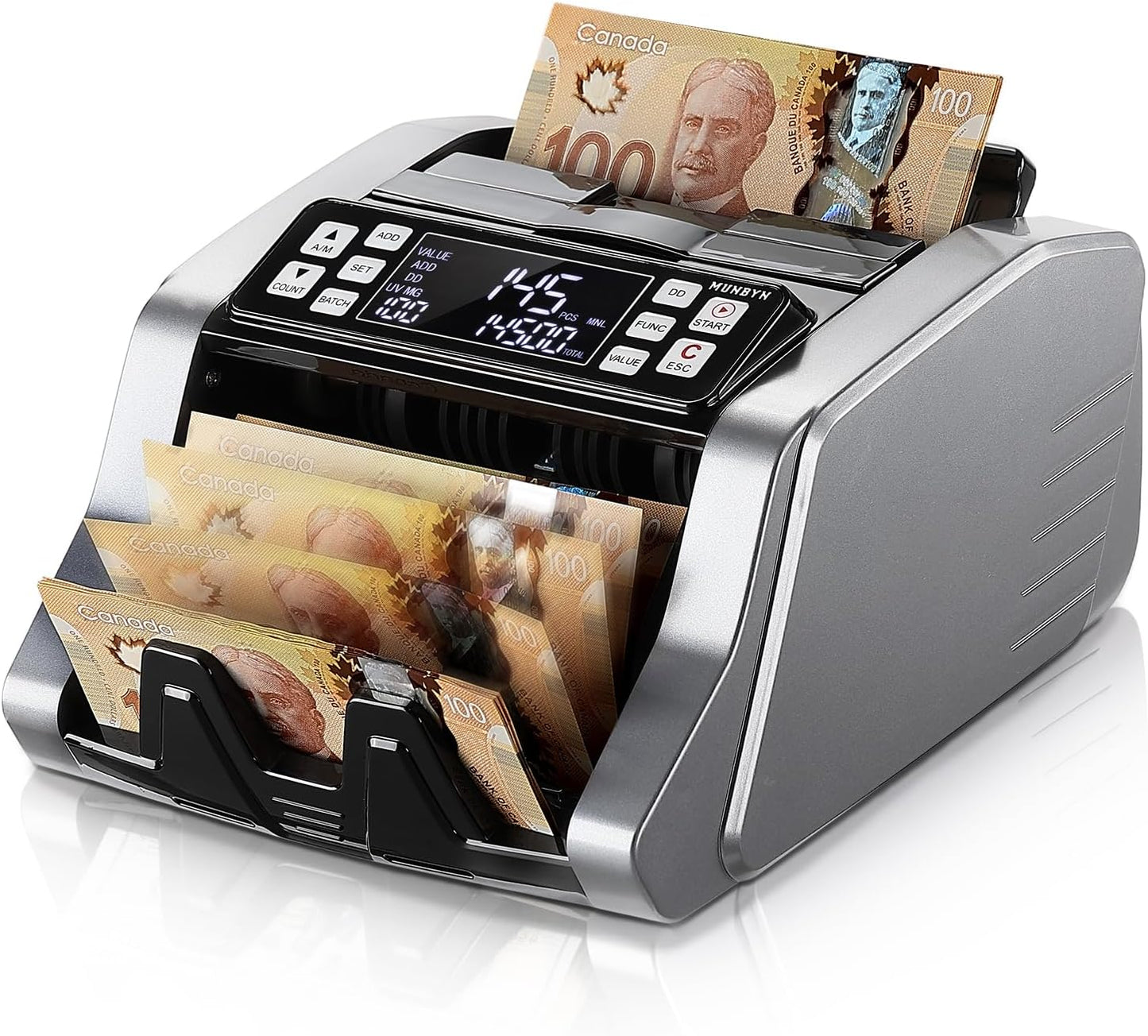 MUNBYN IMC20 Money Counter Machine Canadian with Value Count, UV/MG/IR/MT Counterfeit Detection for USD/CAD Bills, Add/Batch/Value Modes Cash Counter, LED External Display Bill Counter, 2Y Protection