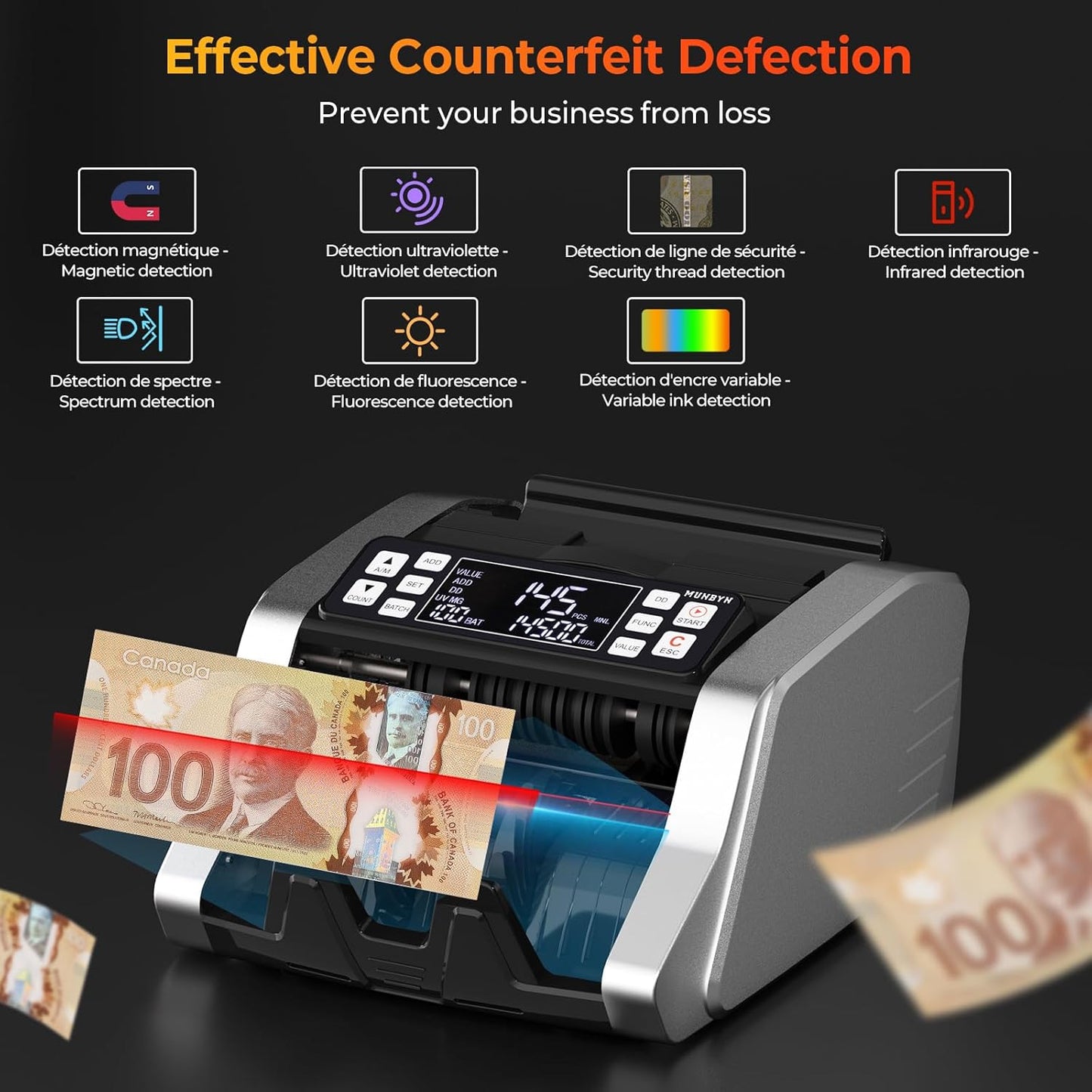 MUNBYN IMC20 Money Counter Machine Canadian with Value Count, UV/MG/IR/MT Counterfeit Detection for USD/CAD Bills, Add/Batch/Value Modes Cash Counter, LED External Display Bill Counter, 2Y Protection