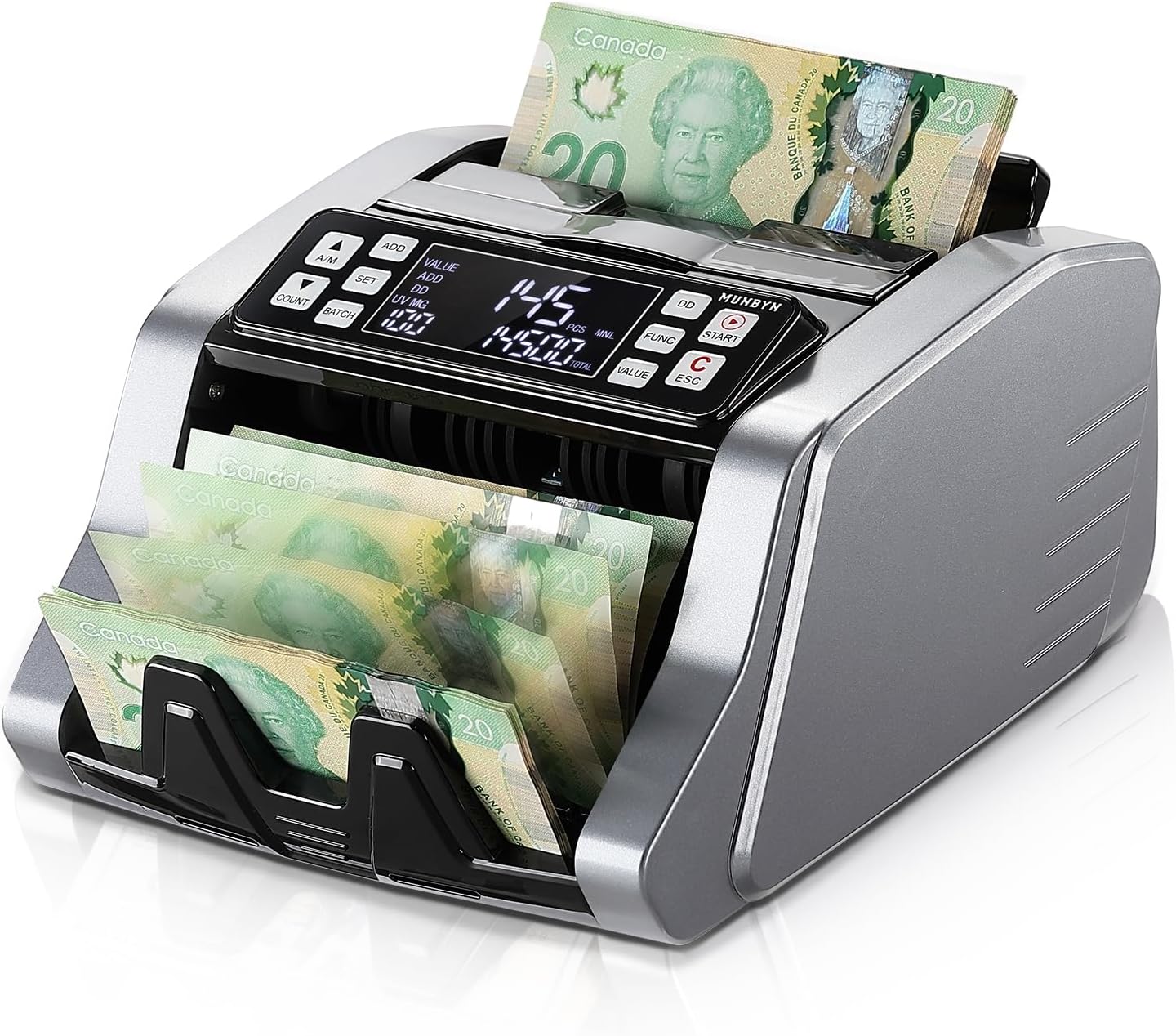 MUNBYN IMC20 Money Counter Machine Canadian with Value Count, UV/MG/IR/MT Counterfeit Detection for USD/CAD Bills, Add/Batch/Value Modes Cash Counter, LED External Display Bill Counter, 2Y Protection