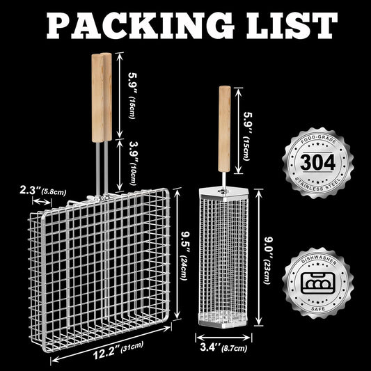Grill Basket Set(Rectangular+Hexagon), Removable Wooden Handle, 304 Stainless Steel, Rolling Grilling Net, BBQ Accessories Tools for Vegetables Shrimp, Outdoor Cooking Camping, Birthday Gifts for Men Dad Husband - PuriLite