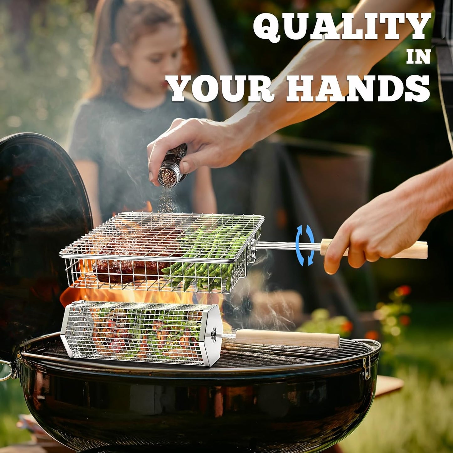 Grill Basket Set(Rectangular+Hexagon), Removable Wooden Handle, 304 Stainless Steel, Rolling Grilling Net, BBQ Accessories Tools for Vegetables Shrimp, Outdoor Cooking Camping, Birthday Gifts for Men Dad Husband