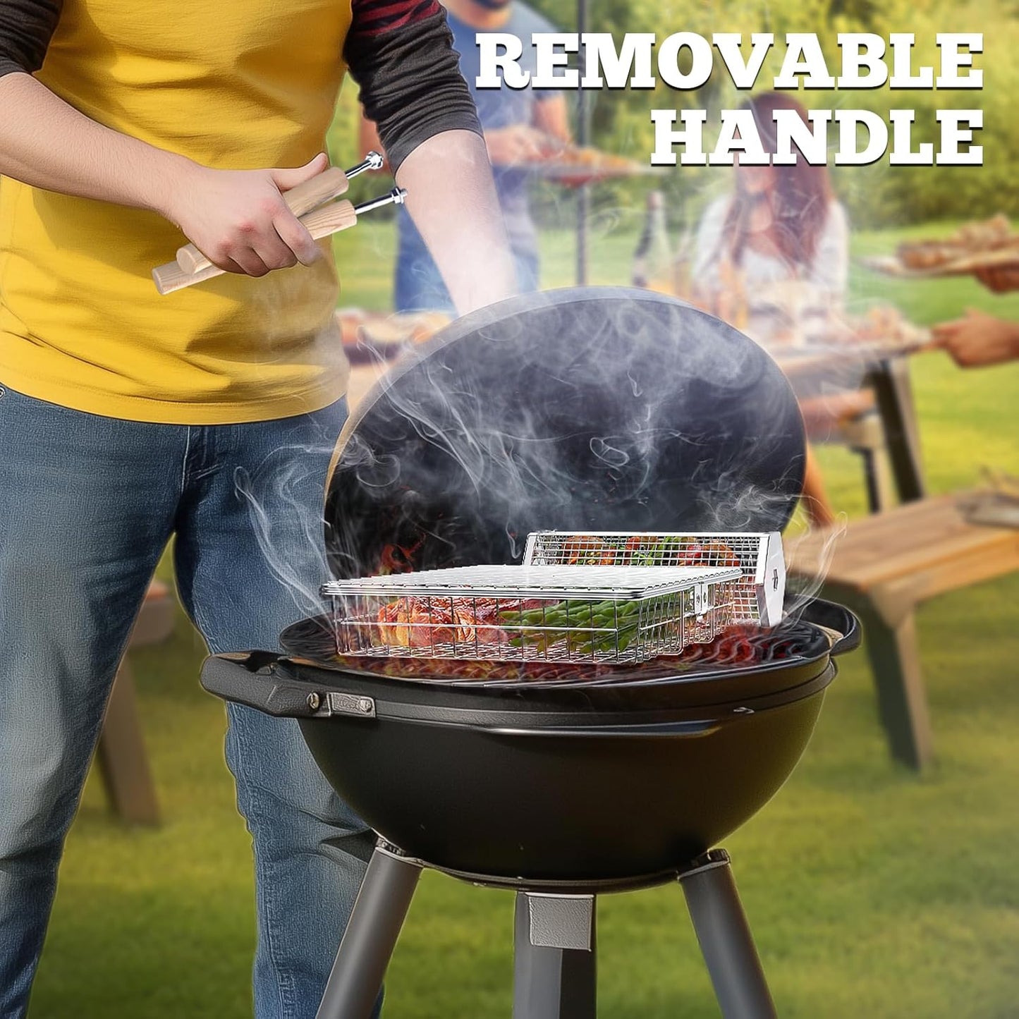 Grill Basket Set(Rectangular+Hexagon), Removable Wooden Handle, 304 Stainless Steel, Rolling Grilling Net, BBQ Accessories Tools for Vegetables Shrimp, Outdoor Cooking Camping, Birthday Gifts for Men Dad Husband