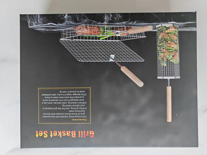 Grill Basket Set(Rectangular+Hexagon), Removable Wooden Handle, 304 Stainless Steel, Rolling Grilling Net, BBQ Accessories Tools for Vegetables Shrimp, Outdoor Cooking Camping, Birthday Gifts for Men Dad Husband