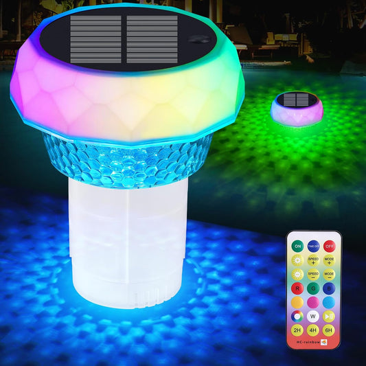 Pool Chlorine Floater with Solar Powered Lights,Floating Chlorine Dispenser for Tablets 4x3”(Tablets NOT Included),Easy Opening Chlorine Holder for Indoor & Outdoor Swimming Pool Hot Tub Spa (1)