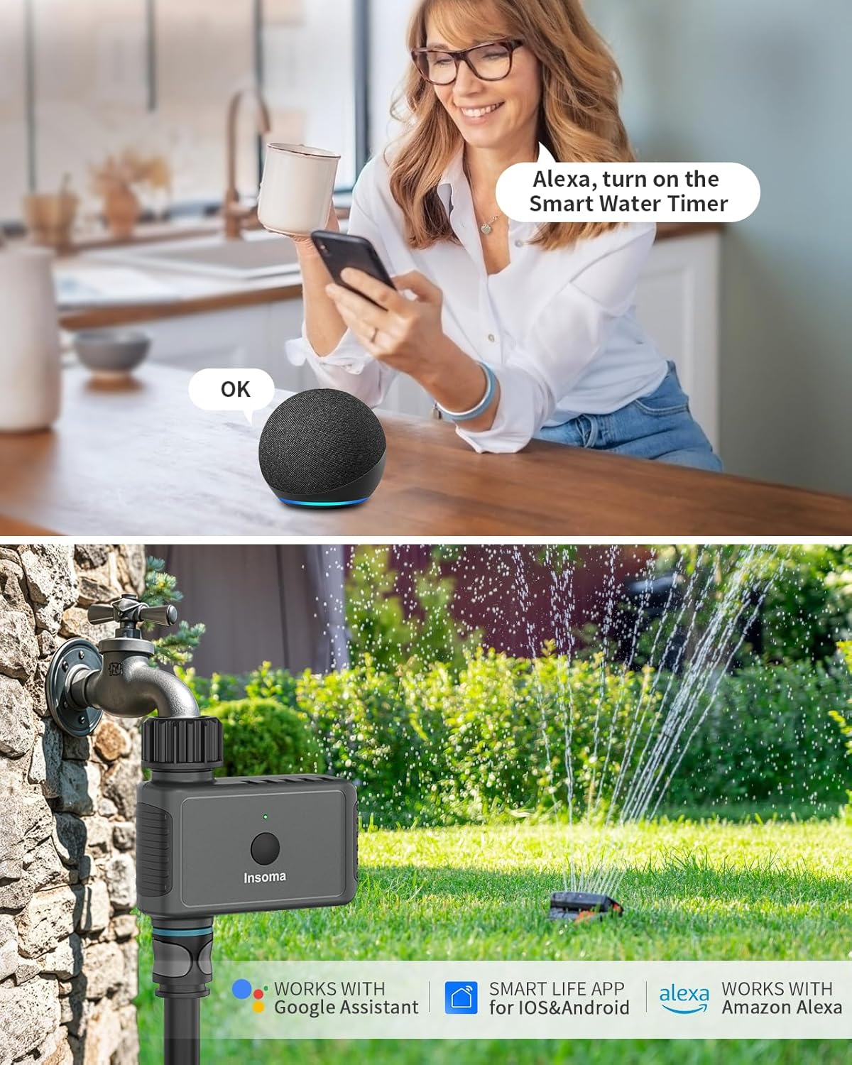 WiFi Hose Timer 1 Zone, Smart Voice/APP-Controlled Sprinkler Timer with Auto/Manual/Rain Delay Modes for Garden/Lawn, Works with Alexa & Google Assistant, IP55 Waterproof & Easy Set Up (2.4GHz WiFi)
