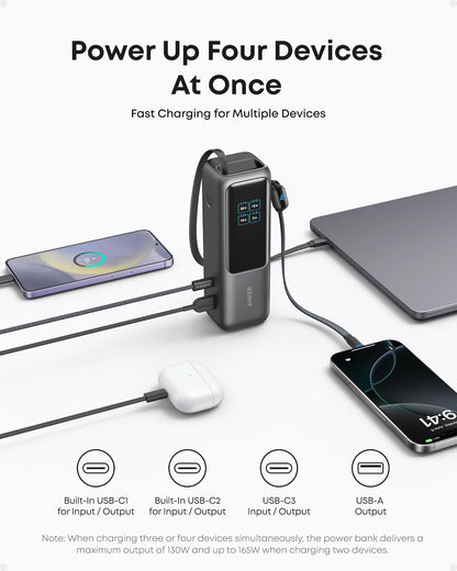 Anker Laptop Power Bank, 25,000mAh Portable Charger with Triple 100W USB-C Ports for Multi-Device Charging, Built-in and Retractable Cables, for iPhone 16/15 Series, MacBook, Samsung, and More