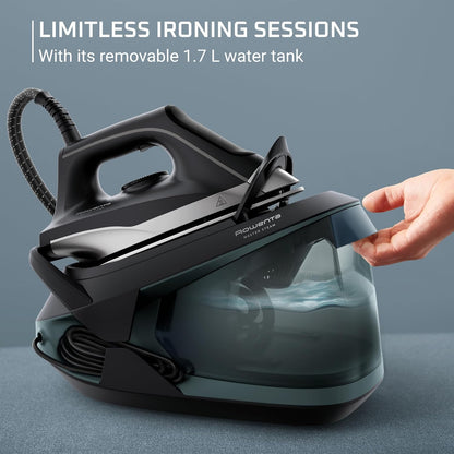 Rowenta, Iron, Pro Master Steam, Steamer for clothes, High Pressure Professional Steam Station, Stainless Steel Soleplate 57 oz, 400 microsteam holes, Built-In Pump, 1750 watts, Black Green, VR8338