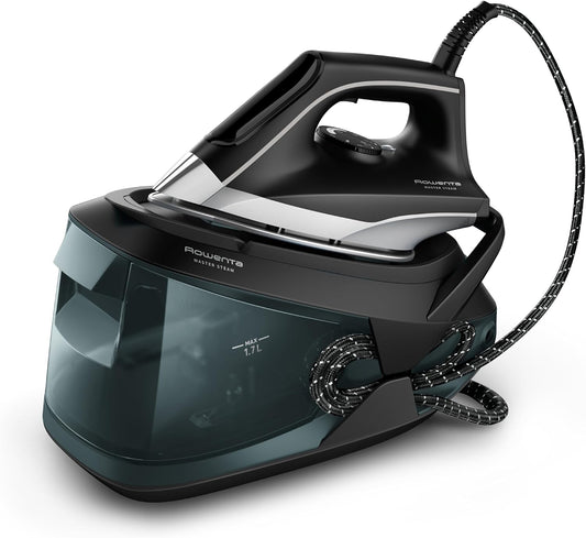 Rowenta, Iron, Pro Master Steam, Steamer for clothes, High Pressure Professional Steam Station, Stainless Steel Soleplate 57 oz, 400 microsteam holes, Built-In Pump, 1750 watts, Black Green, VR8338