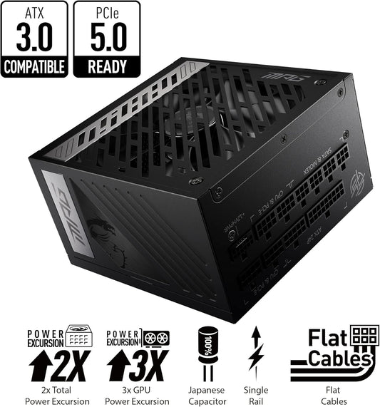 MSI - MPG A1000G PCIE 5.0, 80+ Gold Full Modular Gaming PSU, 12VHPWR Cable, 4080 4090 ATX 3.0 Compatible, 1000W Power Supply - 100% Japanese 105°C Capacitors - Compact Size - ATX PSU - PuriLite
