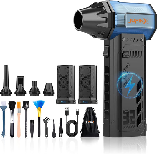 JUFINX Air Duster -250000RPM Electeic Air Duster, Replaceable Batteries 2pcs,Long Life Cordless mini Blower, 3-Gear Adjustable- Cordless air Duster for Keyboard,PCs,Outdoors,Leaves,Car Cleaning ﻿
