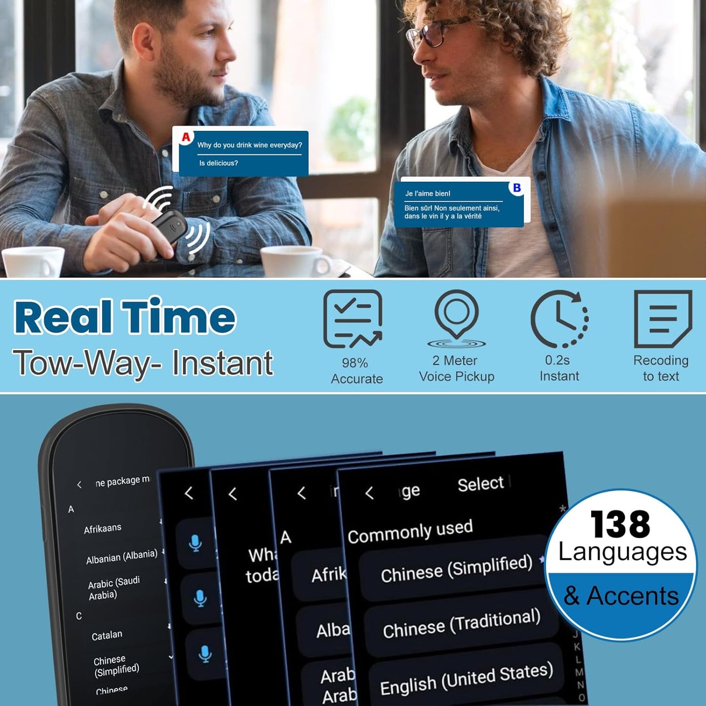 Language Translator Device, Two Way Real-Time Voice Translation, Support 138 Languages, Accurate Offline/Recording/Photo Instant Translation with 3”HD Inch Touch Screen for Travel