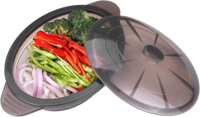 Microwave Steamer Cooker Collapsible Bowl-Silicone Steamer Cookware with Handle Lid for Vegetables Fish Prep Meal Food with Removable Rack BPA Free, Easy to Store, Freezer & Dishwasher Safe