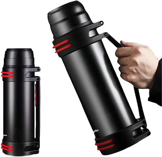 HappyGo 40oz Large Coffee Vacuum Bottle Stainless Steel Insulated Bottle with Shoulder Strap & Cups Wide Mouth Travel Mug for Hot or Cold Beverages (Black)