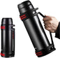 HappyGo 40oz Large Coffee Vacuum Bottle Stainless Steel Insulated Bottle with Shoulder Strap & Cups Wide Mouth Travel Mug for Hot or Cold Beverages (Black)