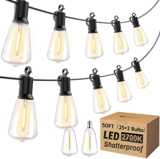 LED Outdoor String Lights 50FT Patio Lights with 25+2 Shatterproof ST38 Vintage Edison Bulbs, Outside Hanging Lights Waterproof for Porch, Deck, Garden, Backyard, Balcony, 2700K Dimmable