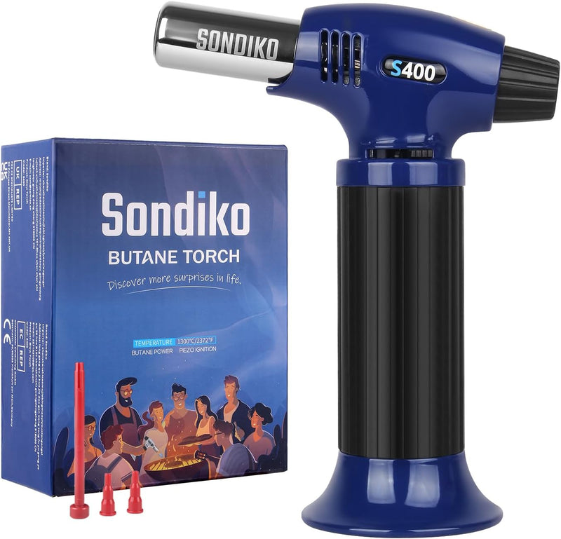 Sondiko Butane Torch Lighter S400, Refillable Kitchen Torch, Fit All Butane Tanks Blow Torch with Safety Lock and Adjustable Flame for Desserts, Creme Brulee, and Baking(Blue & Black)