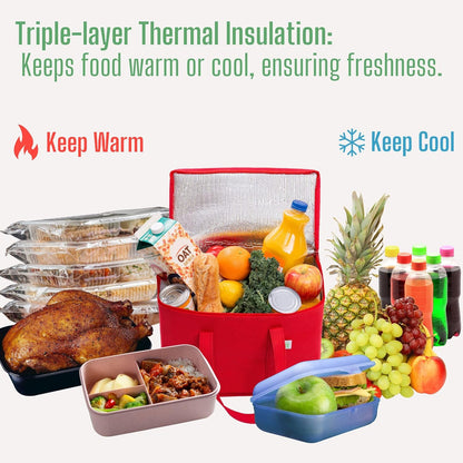 VENO 3 Pack Insulated Reusable Grocery Bag, Food Delivery Bag, Durable, Heavy Duty, Large Size, Stands Upright, Collapsible, Sturdy Zipper, Reusable and Sustainable (Red, 3 Pack)