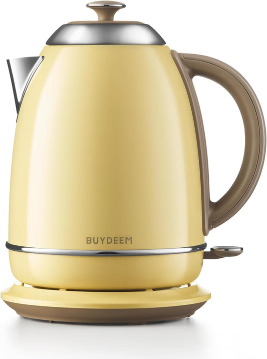 BUYDEEM K640 Stainless Steel Electric Tea Kettle with Auto Shut-Off and Boil Dry Protection, 1.7 Liter Cordless Hot Water Boiler with Swivel Base, 1440W (Mellow Yellow)