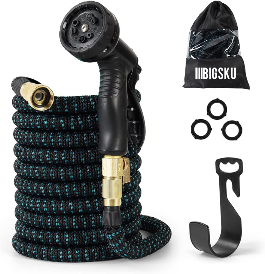 50FT Expandable lightweight Garden Hose - Flexible multifunction Outdoor Water Hose for Watering, Gardening, Cleaning, Washing - Plastic Nozzle, 8 Spray Modes - Double Latex Core with Rubber Seal, Strongest leakproof 3/4 durable Brass Connectors