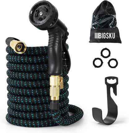 50FT Expandable lightweight Garden Hose - Flexible multifunction Outdoor Water Hose for Watering, Gardening, Cleaning, Washing - Plastic Nozzle, 8 Spray Modes - Double Latex Core with Rubber Seal, Strongest leakproof 3/4 durable Brass Connectors