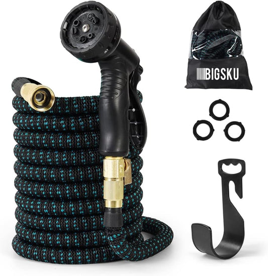 50FT Expandable lightweight Garden Hose - Flexible multifunction Outdoor Water Hose for Watering, Gardening, Cleaning, Washing - Plastic Nozzle, 8 Spray Modes - Double Latex Core with Rubber Seal, Strongest leakproof 3/4 durable Brass Connectors