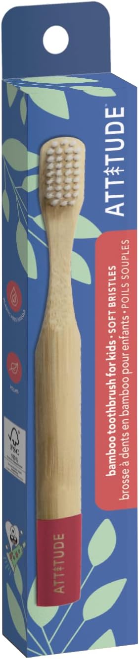 ATTITUDE Bamboo Toothbrush for Kids, Manual Toothbrushes, Soft Bristles, Vegan, Red, 1 Count
