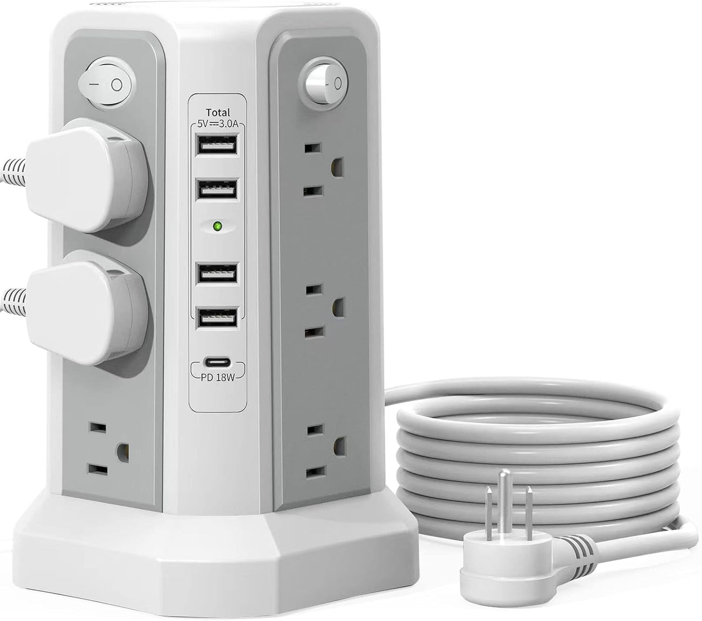 Surge Protector Tower Power Bar with USB C 18W Fast Charging Port, 10FT Extension Cord with 12 AC Outlets, and 5 USB Charging Ports, Power Bars Tower Surge Protection for Home Office DormRoom